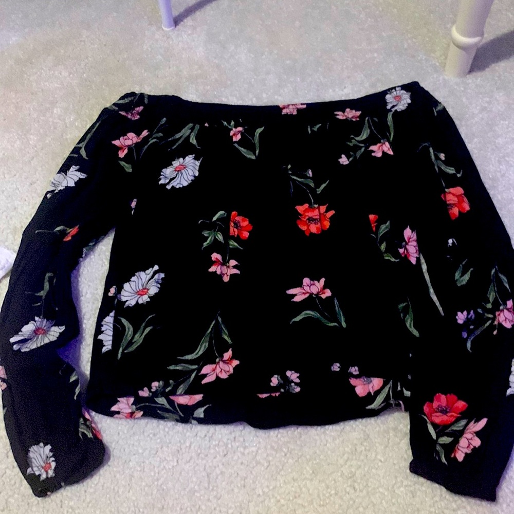 Off the shoulder floral and white lace blouse